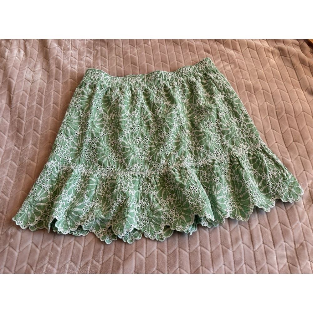 LOFT Eyelet Mini Skirt Green L Scalloped Ruffle Hem Cottagecore Boho - Picture 3 of 8